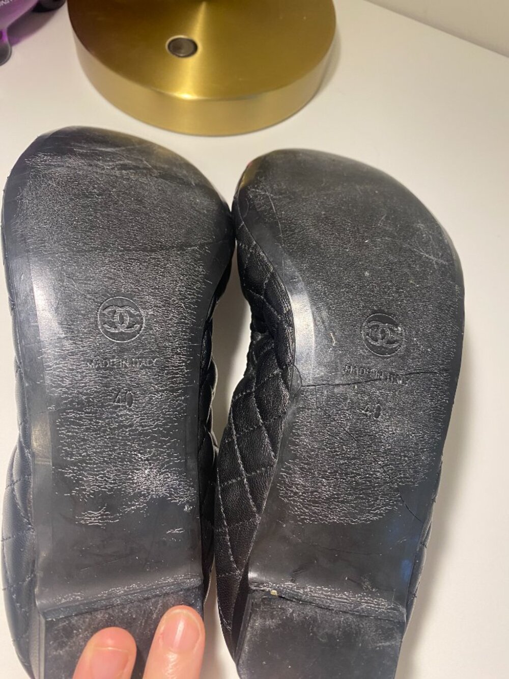 CHANEL Black authentic leather Flats with Hot Pink Camellia Appliqué size 7.5 - Picture 12 of 16